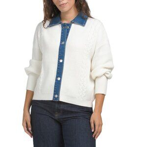 CYRUS Cream Chunky Cable Knit Sweater With Denim Trim